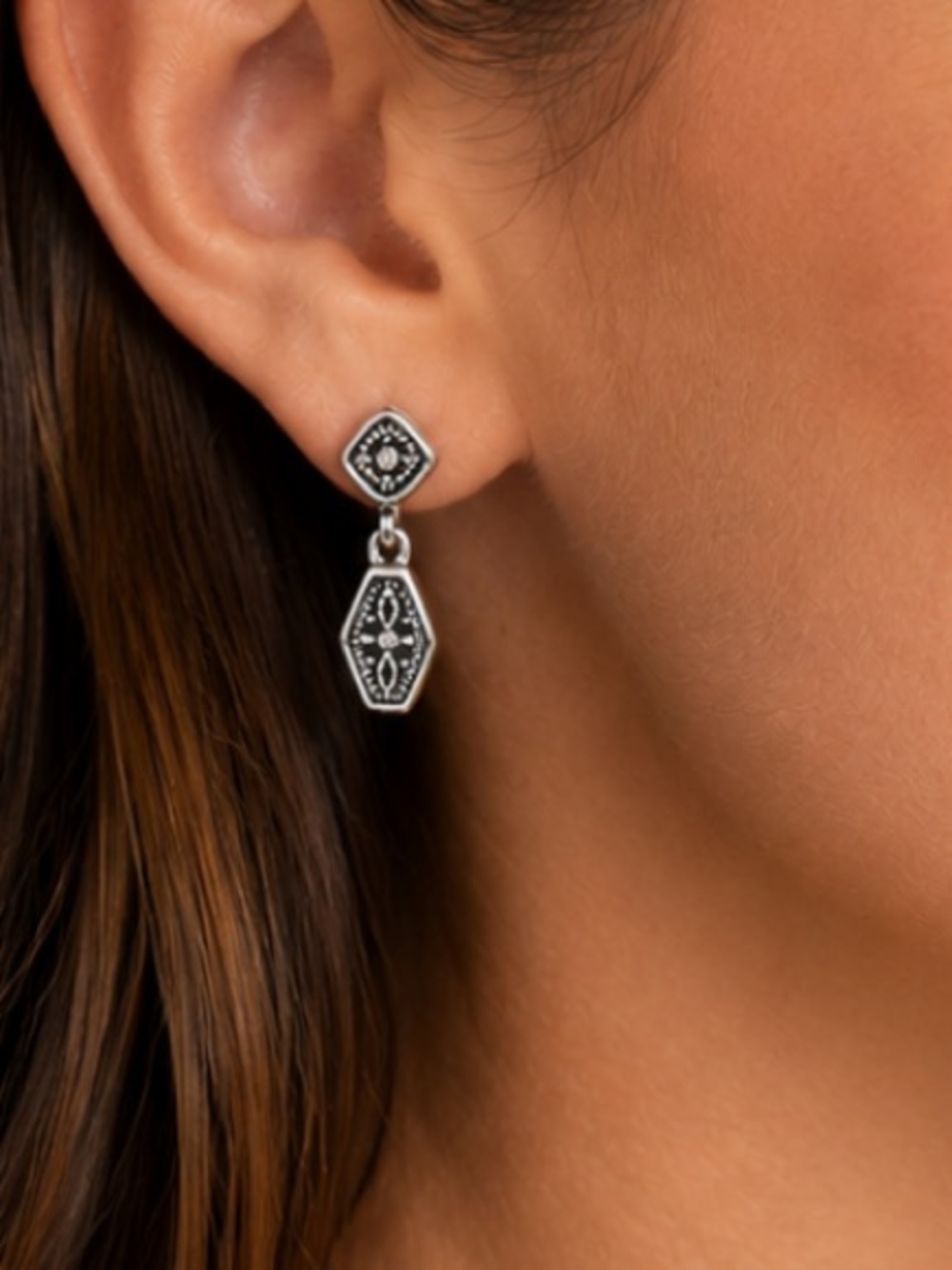 Silver Tone Art Deco Geometric Hexagon Dangle Drop Earrings Vintage Boho